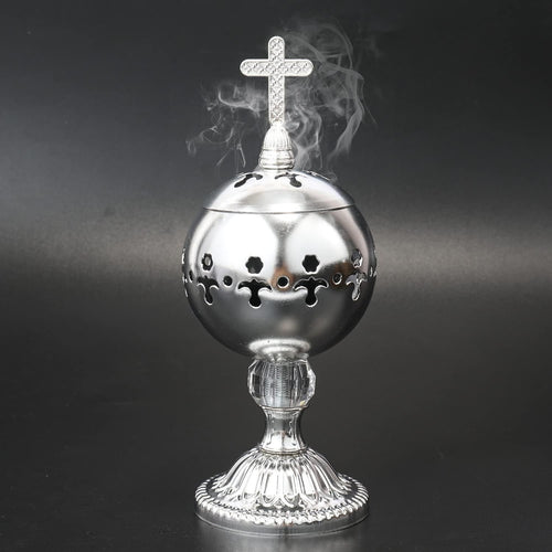 ✝️Jesus bless you✝️🌟 Silver Charcoal Incense Burner Catholic Cross Censer – Brass Plated Distiller for Church & Home 🌟