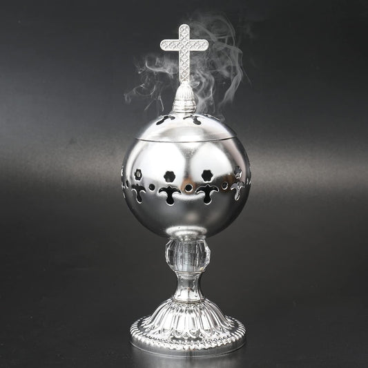 ✝️Jesus bless you✝️🌟 Silver Charcoal Incense Burner Catholic Cross Censer – Brass Plated Distiller for Church & Home 🌟